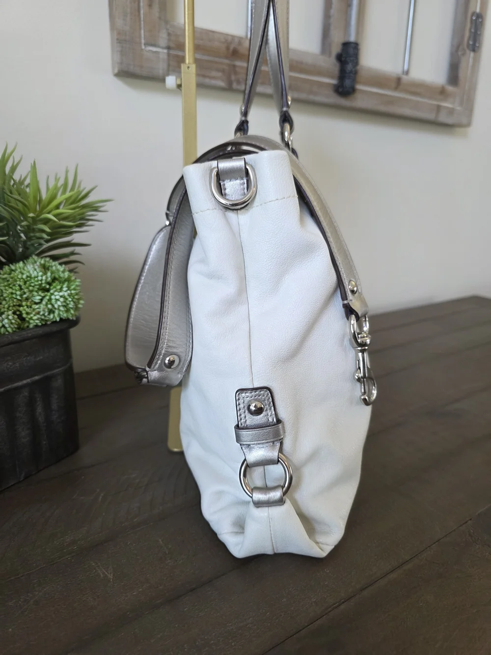 Coach White Leather Tote with Silver Accents